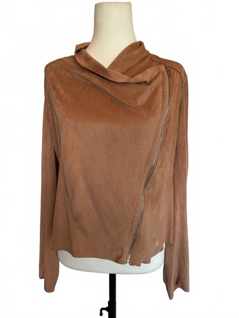 Blank NYC Faux Suede Moto Jacket L Cognac Brown Draped 70s Earthy Boho Rocker
